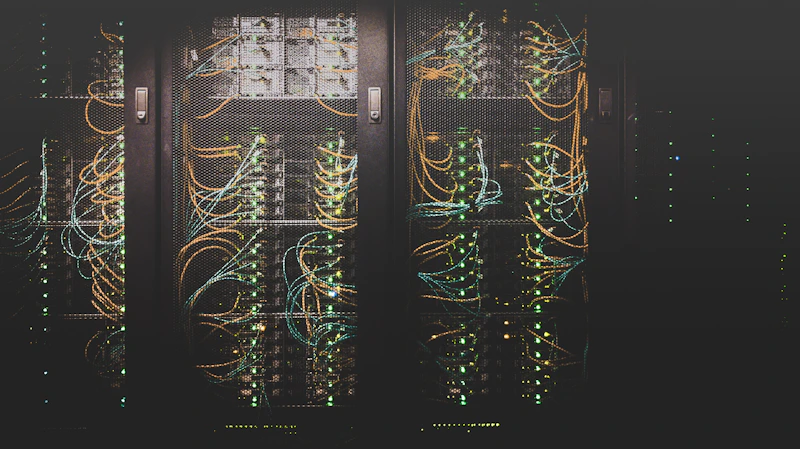 Corredor de servidores com iluminação azul em data center